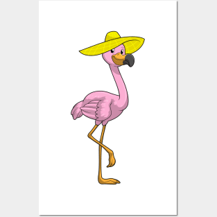 Flamingo on Beach with Hat Posters and Art
